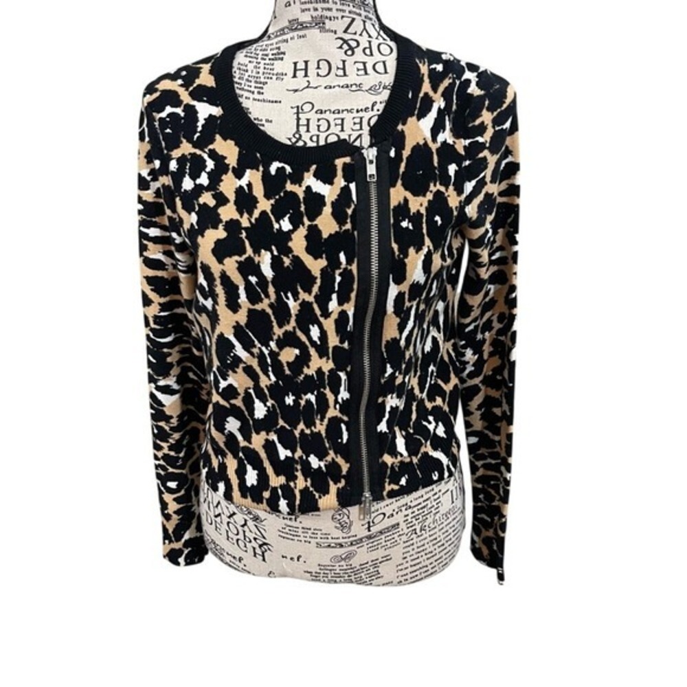 Tracy Reese Leopard Print Asymmetrical Zip Front Cardigan Sweater Tan Black S